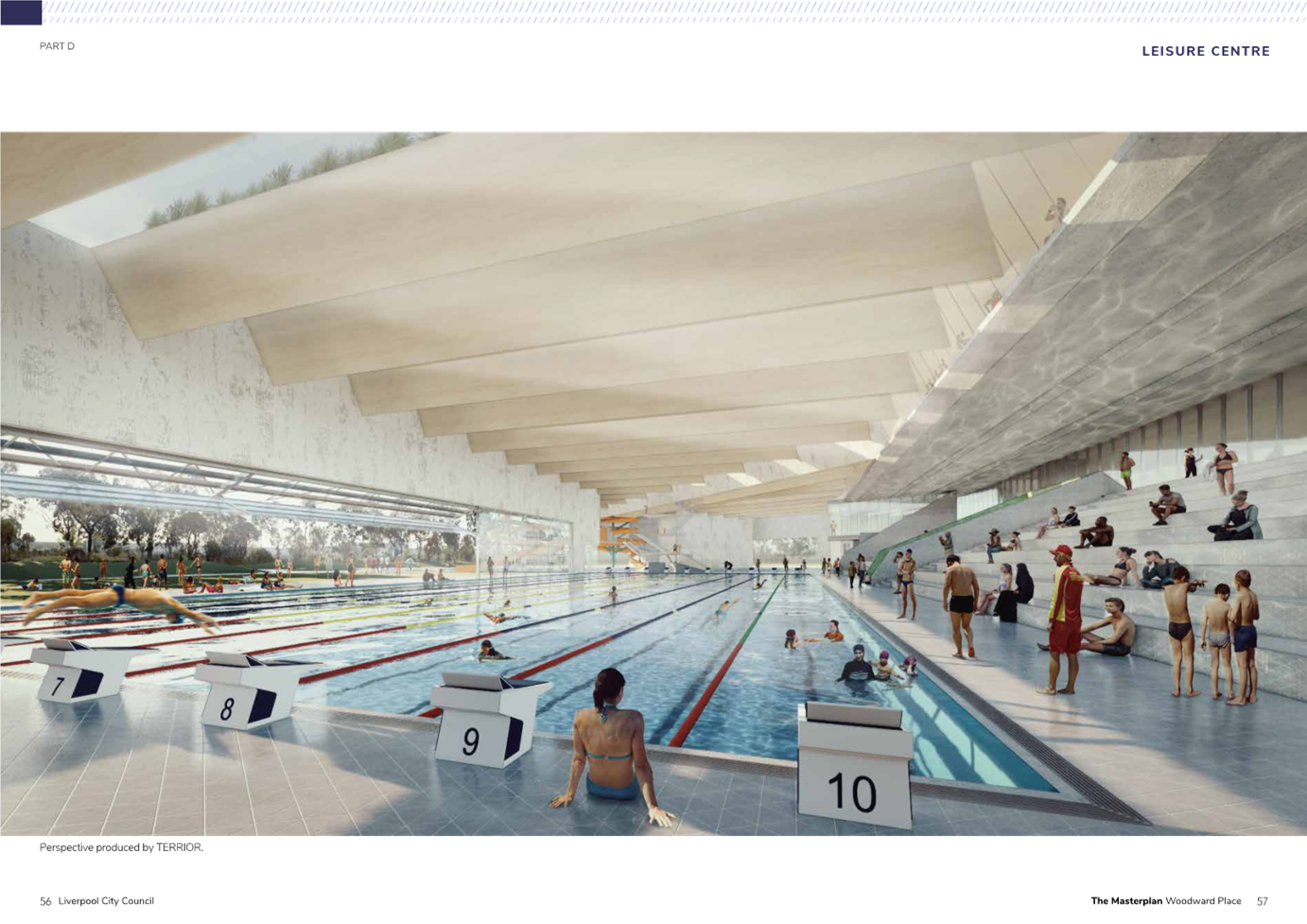 A swimming pool with people in it with London Aquatics Centre in the background

Description automatically generated