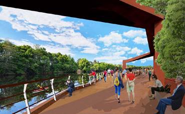 A group of people walking on a boardwalk

Description automatically generated