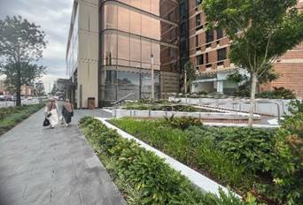 A group of people walking on a sidewalk

Description automatically generated