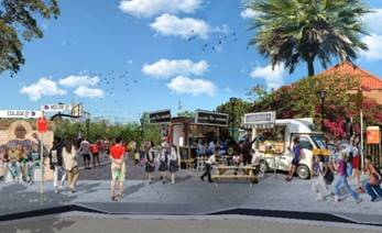 A street with food trucks and people

Description automatically generated