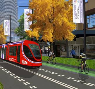 A red train on a street with people and trees

Description automatically generated