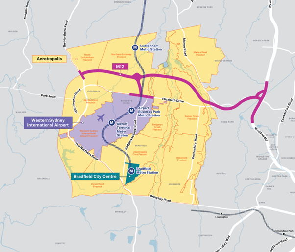 Map detailing the location of the Western Sydney Aerotropolis, including Western Sydney Airport, and Bradfield City Centre.